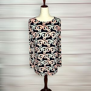 Brooks Brothers Stretch Tunic Top Blouse Abstract Print Black Peach Gray M
